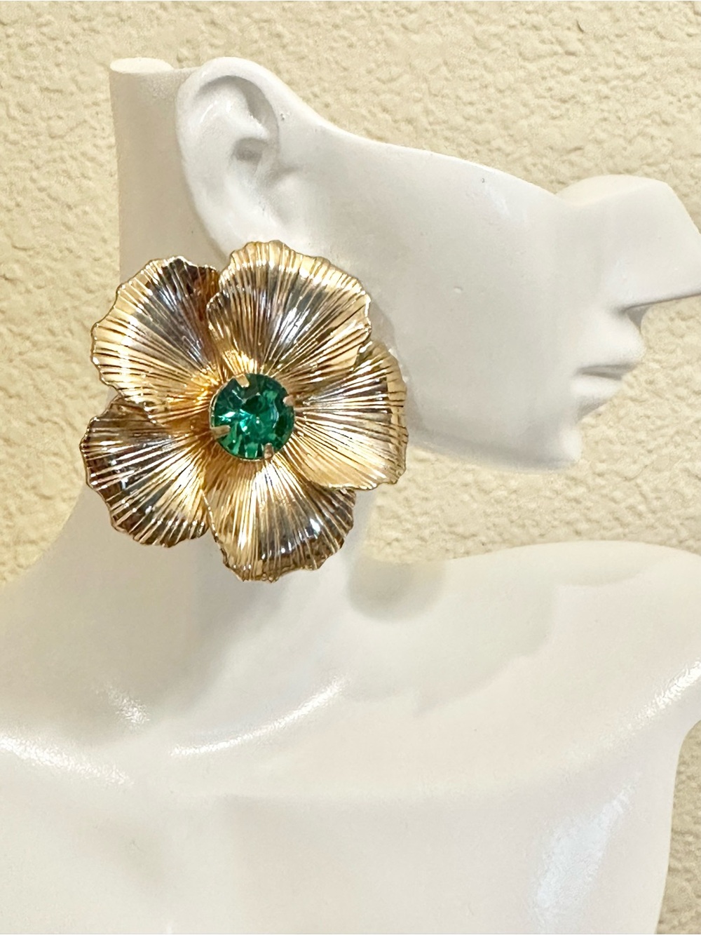 Gold Flower Statement Earrings with Emerald Green Crystal Center